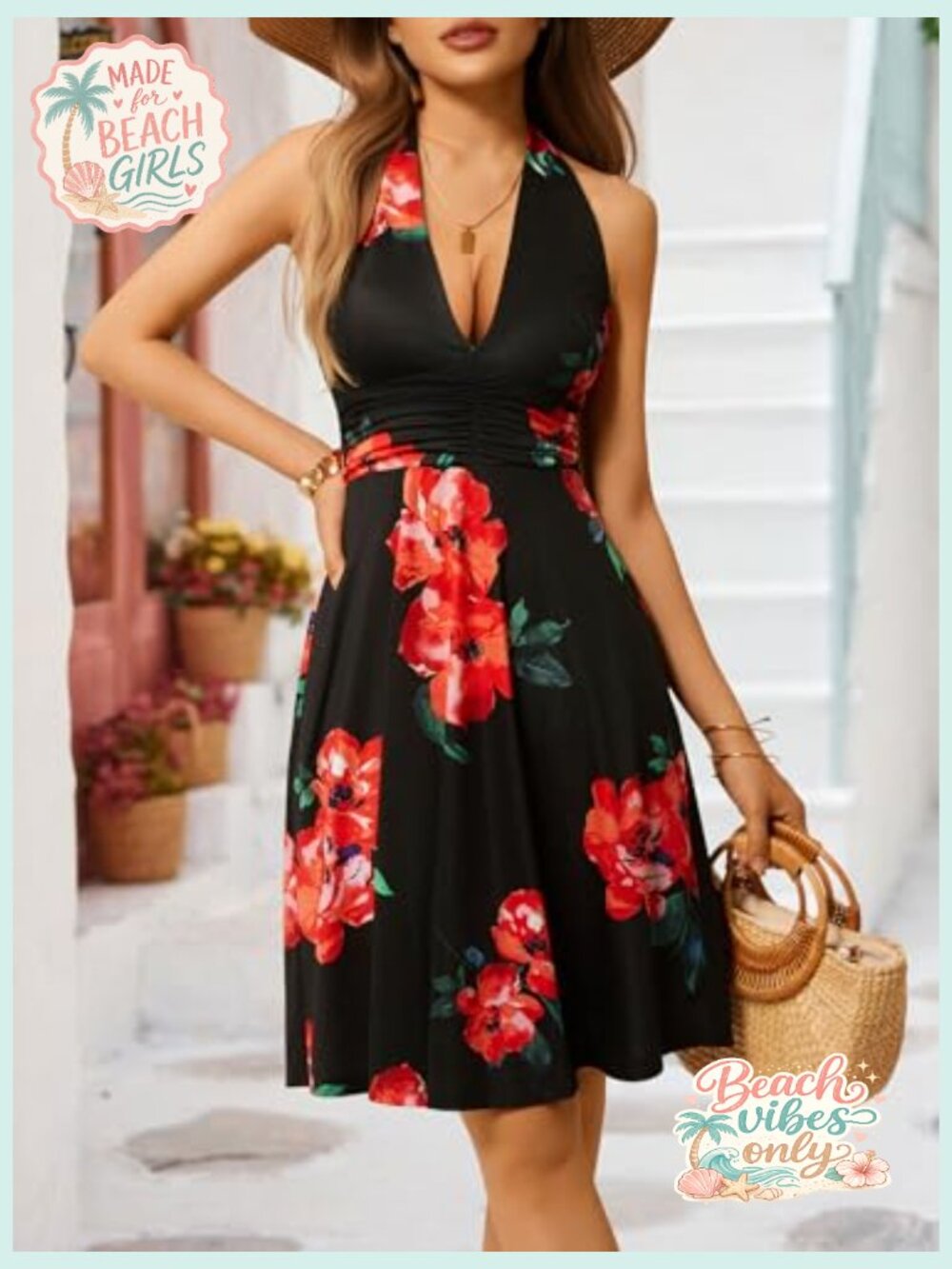 Sleeveless Halter Neck Mini Sundress with Pockets Elastic Waist Ruffle - Picture 5 of 7